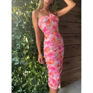 Zara Floral Printed Tulle Dress off-Shoulder Pink 5039/680 Bloggers S